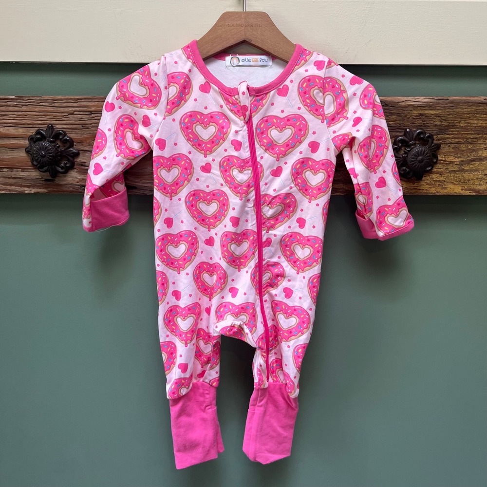 Okie and Lou Baby Heart Donut Pink Zip‎ Sleeper Pajamas 9-12M NWT